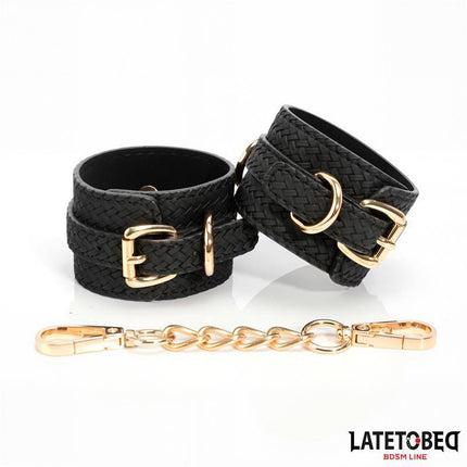 Weaving patterns ankle cuff Golden Chain with elegant design from Latetobed BDSM Line, featuring black PU and gold-colored metal.