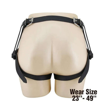 Back view of Wells Universal Strap-On Harness with Dildo showing adjustable straps, fitting sizes 23''-49''.