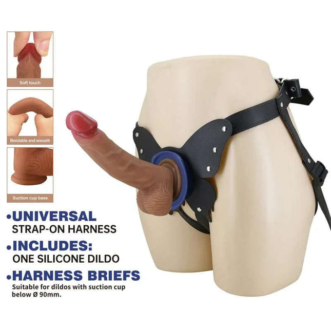 Wells Universal Strap-On Harness with Dildo featuring butterfly-shaped base, silicone surface, and adjustable straps for comfortable fit.