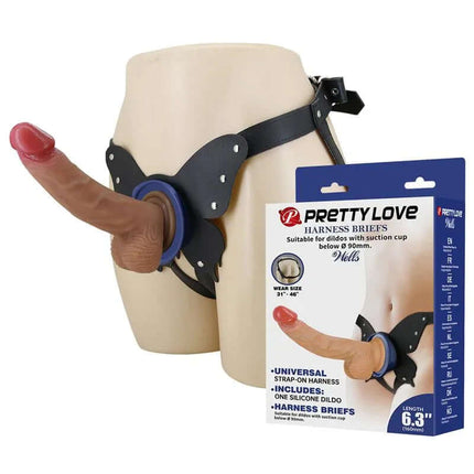 Wells Universal Strap-On Harness with Dildo featuring butterfly-shaped base and silicone surface for secure, hands-free use.