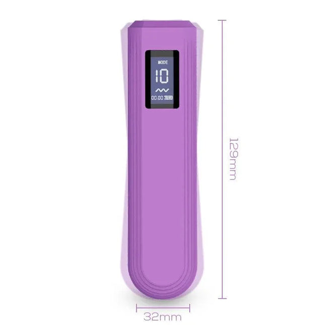 Whim Digital Display Vibrator Bullet 12.9 cm with purple design and digital screen showing mode and time, size 129mm x 32mm