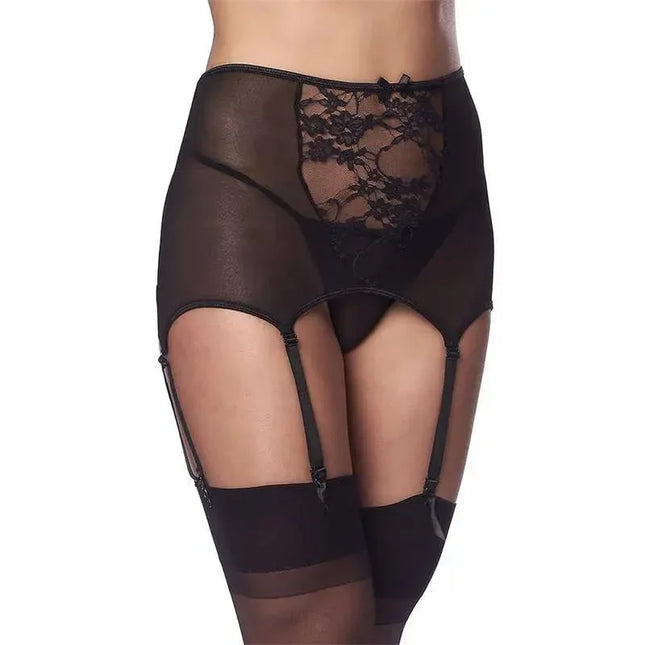 Wide Garter Belt with Stocking Black in semi-transparent fabric with lace detail for a seductive and flattering silhouette.