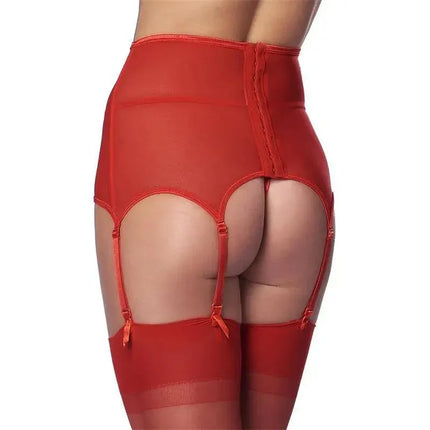 Wide Garter Belt with Stocking Red featuring semi-transparent floral pattern on model, designed for confidence and romance.