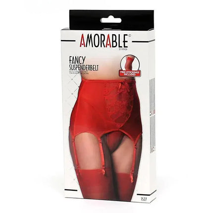 Wide Garter Belt with Stocking Red packaged product showcasing red garter belt and attached stockings.