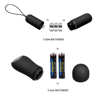 Components and batteries for Wild Butterfly Remote Control Panty Vibrator, including LR44 and AAA batteries.