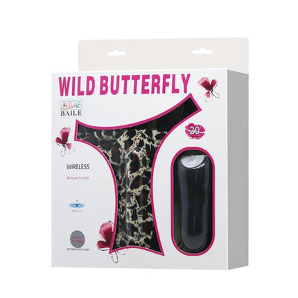 Packaging of Wild Butterfly Remote Control Panty Vibrator with wireless remote and leopard print design.