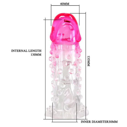 Wildford Penis Sleeve Pink and Clear with ribbed design and dimensions: 130mm length, 40mm tip, 30mm inner diameter.