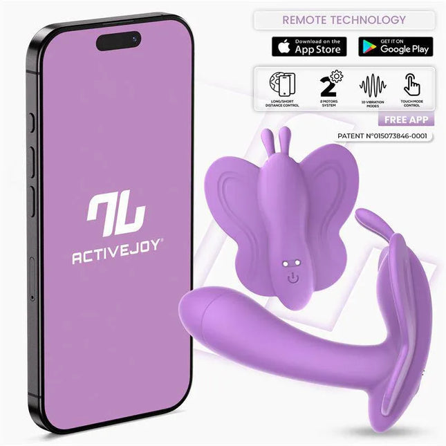 Wingy Butterfly Vibrator with App Lavender shown with ActiveJoy app on smartphone for remote control and customized vibrations.