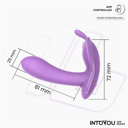 Wingy Butterfly Vibrator with App Lavender featuring dimensions and ergonomic design.