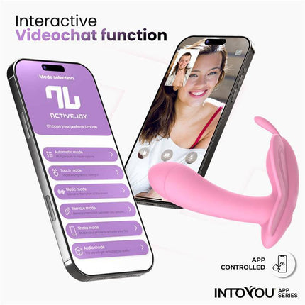 Wingy Butterfly Vibrator with App Pink showcasing the ActiveJoy app with video chat function and app control features.
