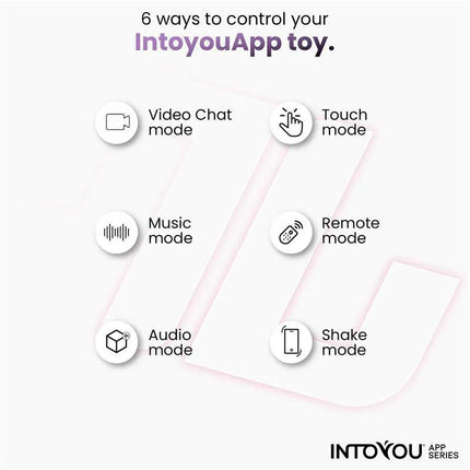 Infographic of 6 control modes for IntoyouApp toy, including video chat, touch, music, remote, audio, and shake modes.