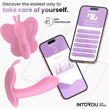 Wingy Butterfly Vibrator with App Pink featuring smartphone control displaying ActiveJoy features.