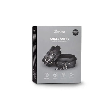 Ankle cuffs box showing adjustable, comfortable design in synthetic leather with metal chain, labeled 'Wives For Ankles'.