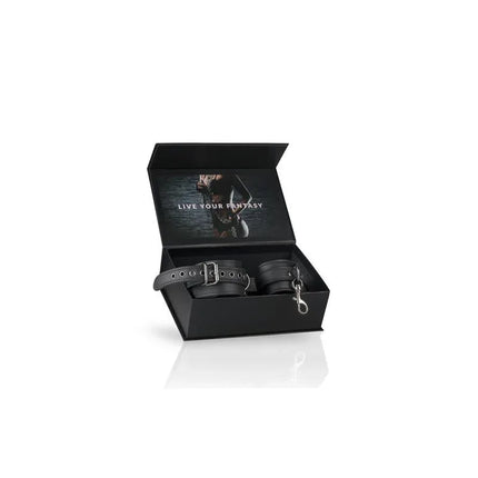 Wives For Ankles in a sleek black box with adjustable metal chain and soft synthetic leather cuffs.
