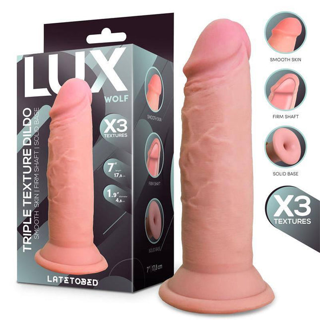 Wolf Triple Density Dildo 7 packaging and product showcasing lifelike design and textures for realistic sensation and pleasure.