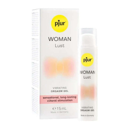 Woman Lust Water-Based Vibration Effect Gel 15 ml bottle and packaging, designed for clitoral stimulation and compatibility with sex toys.