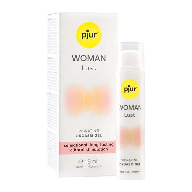 Woman Lust Water-Based Vibration Effect Gel 15 ml bottle and packaging, designed for clitoral stimulation and compatibility with sex toys.