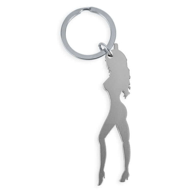 Women's Keychain with Opener in silver with silhouette design, ideal for fun events and parties.