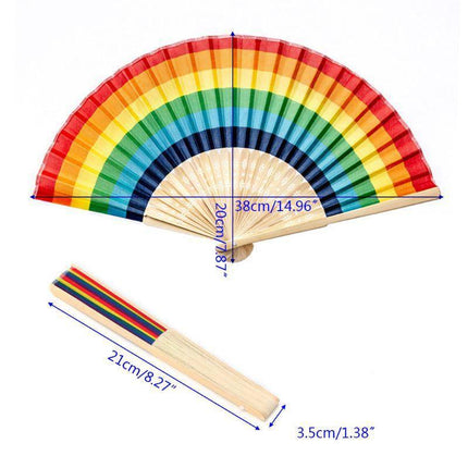 Wooden Fan LGBT with rainbow colors, 38 cm open and 21 cm folded, showcasing lightweight bamboo craftsmanship.
