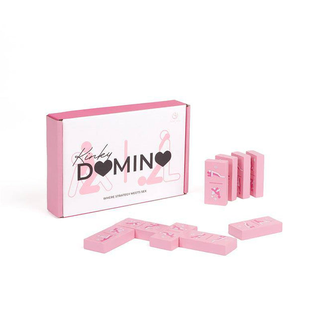 Wooden Game Kinky Domino in pink packaging with illustrated pieces for adult-themed fun.
