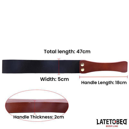 Wooden handle paddle 47 cm with dimensions highlighted, featuring a durable PU surface and solid wooden core from Latetobed BDSM Line.