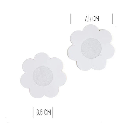 Wow Boobs! Nipple Covers Flower Shapped Holographic in white, flower-shaped design with size dimensions 7.5 cm and 3.5 cm shown.