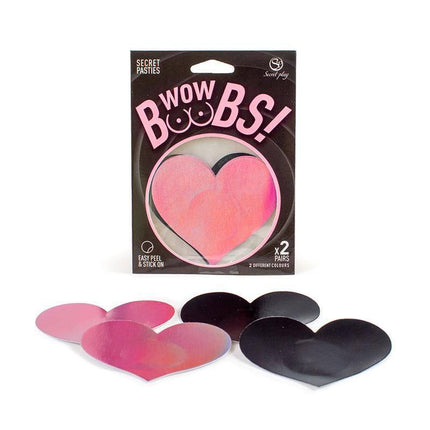 Wow Boobs! Nipple Covers Heart Shapped Holographic in packaging and two color options displayed