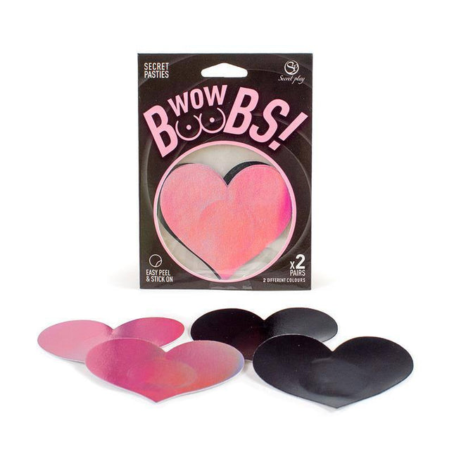 Wow Boobs! Nipple Covers Heart Shapped Holographic in packaging and two color options displayed