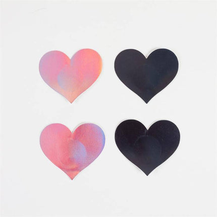 Wow Boobs! Nipple Covers Heart Shapped Holographic in two colors displayed on a white background.