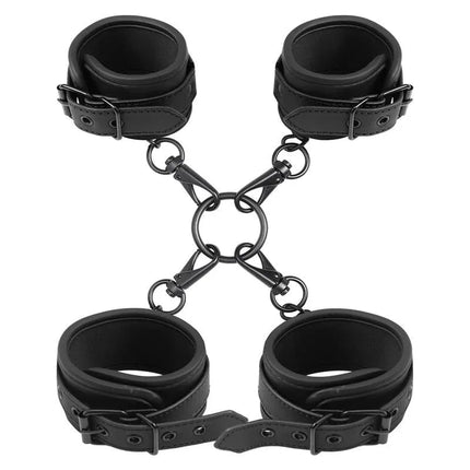 Intoyou Black Shadow Wrist and Ankle Cuffs Set Vegan Leather for BDSM play with central metal ring and sturdy hooks.