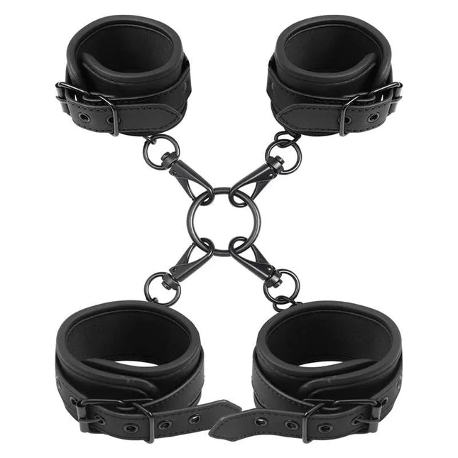 Intoyou Black Shadow Wrist and Ankle Cuffs Set Vegan Leather for BDSM play with central metal ring and sturdy hooks.
