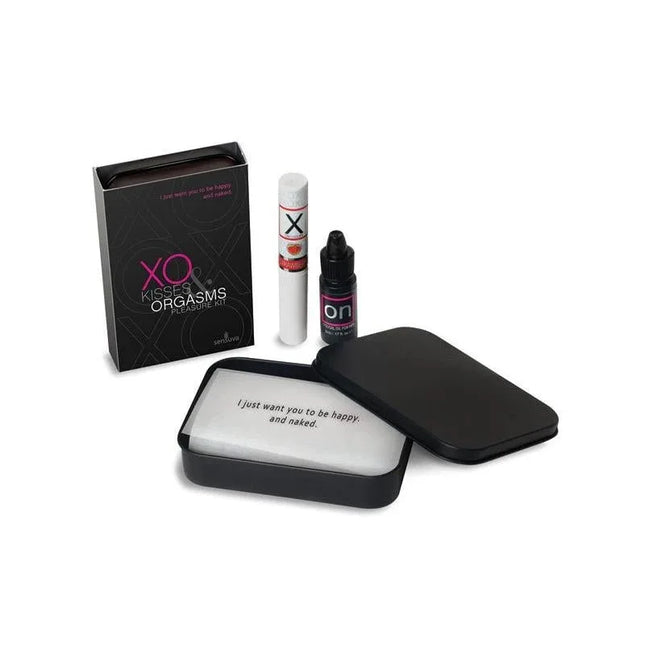 XO Kisses and Orgasms Pleasure Kit with vibrating lip balm and arousal oil, enhancing intimate moments with a tingling sensation.