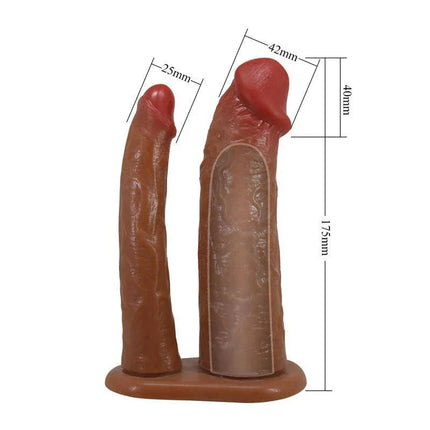 Yairon Extended Double Penis Sleeve with glans and textured body shown with dimensions