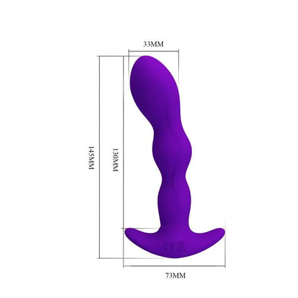 Yale Butt Plug with Vibration Purple silicone anal toy with ergonomic design and 12 vibration modes, shown with measurement dimensions.