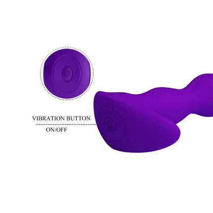 Yale Butt Plug with Vibration Purple showing vibration button on silicone body.