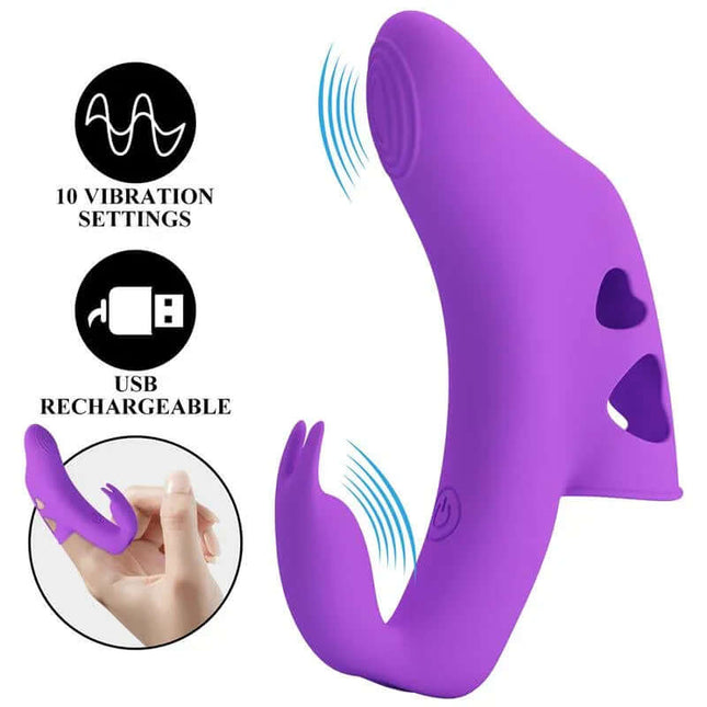 Purple Yenna Fingering Vibrator with 10 vibration settings, USB rechargeable feature detailed in close-up image.