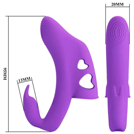 Purple Yenna Fingering Vibrator with measurements shown, designed for precise fingertip stimulation, made of high-quality silicone.