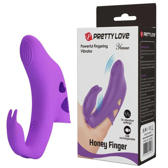 Yenna Fingering Vibrator in purple with packaging, featuring elegant design for precise fingertip stimulation, made from body-safe silicone.