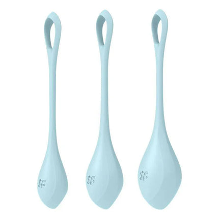 Yoni Power 2 Light Blue pelvic floor training set with silicone design and stainless steel core for strength and comfort.