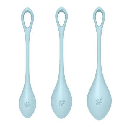 Yoni Power 2 Light Blue pelvic floor training set with three beginner-friendly silicone balls for easy and comfortable use.