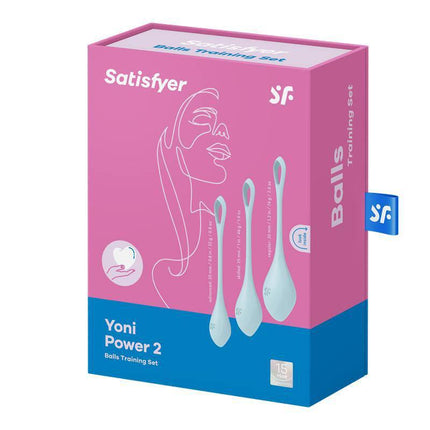 Yoni Power 2 Light Blue pelvic floor training set with seamless medical silicone balls and extraction loop for beginners.