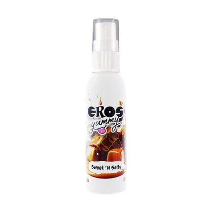 Yummy body spray Sweet and Salty 50 ml from Eros Yummy, a flavored and skin-friendly intimate spray, bottle.