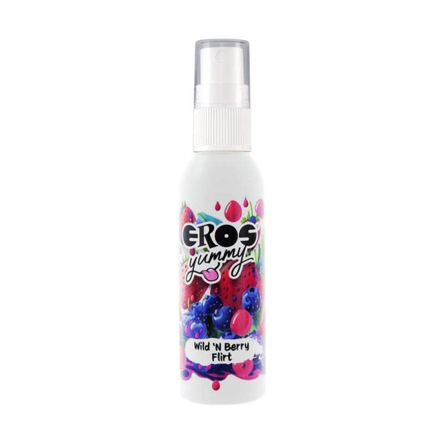 Yummy body spray Wild and Berry Flirt 50 ml featuring fruity design with blueberries and strawberries on packaging.