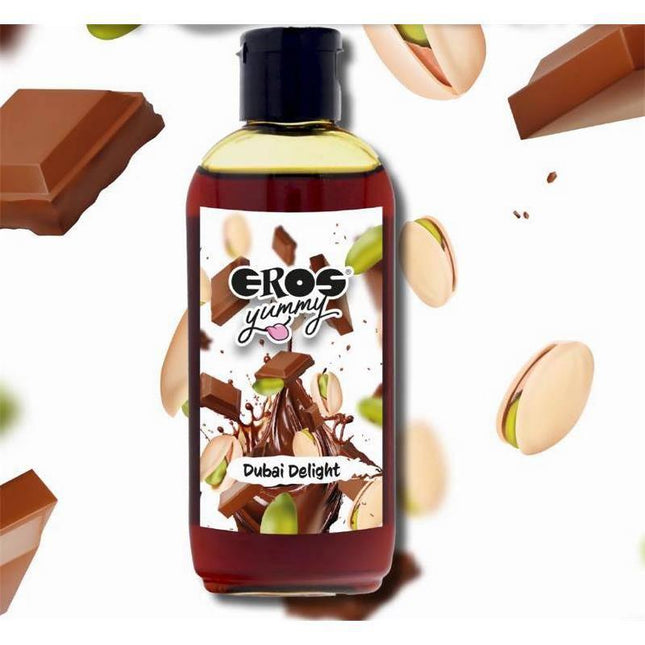 Yummy Dubai Delight 100 ml lubricant with chocolate and pistachio flavor, perfect for intimate pleasure and taste satisfaction.