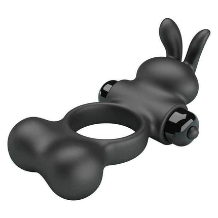 Yusuf Vibrating Penis Ring with Steel Beads in black silicone with bunny ears for clitoral stimulation.