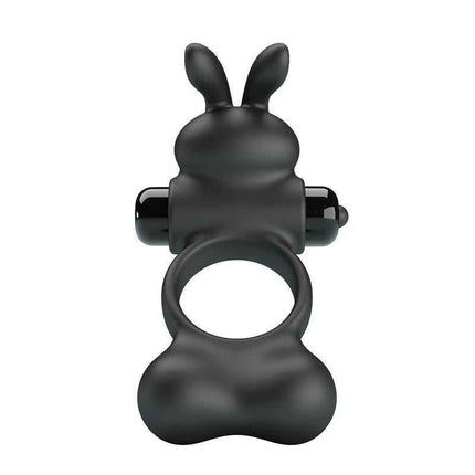 Yusuf Vibrating Penis Ring with Steel Beads featuring bunny ears for clitoral stimulation, made of waterproof silicone material.