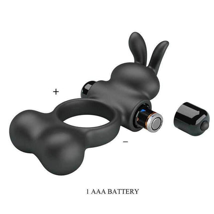 Yusuf Vibrating Penis Ring with Steel Beads features silicone design and bunny ears with 10 vibration functions and AAA battery compartment.