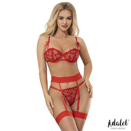 Model wearing Yvonne bra, thong, and garter belt Set with Hearts Red by Adalet, showcasing romantic lingerie design.