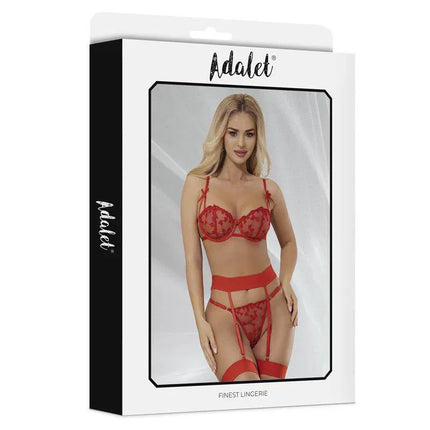 Yvonne bra, thong, and garter belt Set with Hearts Red in packaging by Adalet. Features lingerie with heart design in sultry red.