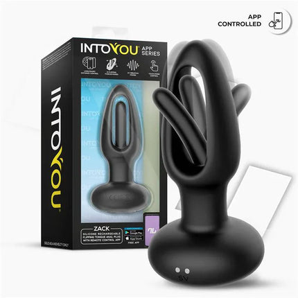 Zack Anal Plug with Flipping Tongue and Vibration with App in packaging, showcasing the sleek design and app-controlled features.